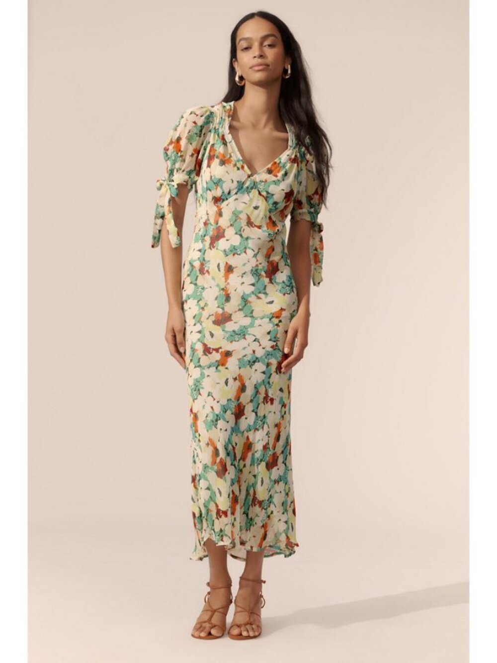 ANTHROPOLOGIE Women's Short-Sleeve V-Neck Slip Midi Dress Size S in Green Multi
